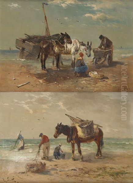 Pecheurs De Crevettes A La Mer Du Nord (2 Works) Oil Painting by Henry Schouten