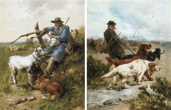 Chasseur Avec Chiens De Chasse - Berger Au Repos (2 Works) Oil Painting by Henry Schouten