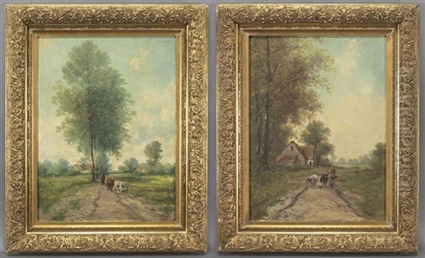 Country Landscape With A Farmer And A Cattle And Woman And Cattle On A Country Road (pair) Oil Painting by Henry Schouten