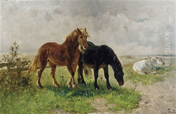 Chevaux En Pature (+ Vaches En Pature, Smllr; 2 Works) Oil Painting by Henry Schouten