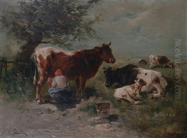 Trayant Les Vaches Oil Painting by Henry Schouten