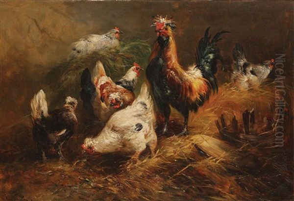 Coq Et Poules Pres Du Foin Oil Painting by Henry Schouten