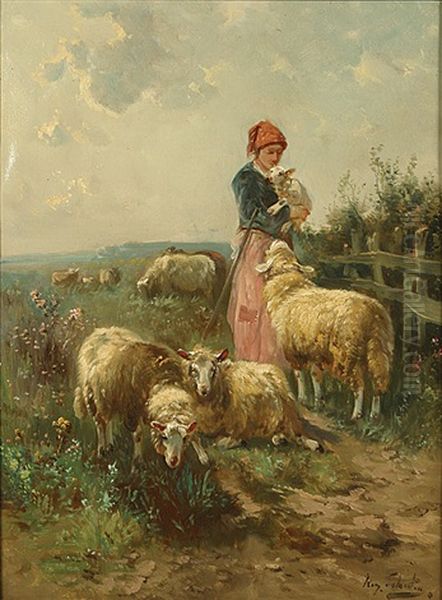 Herderinnetje Met Schapen Oil Painting by Henry Schouten