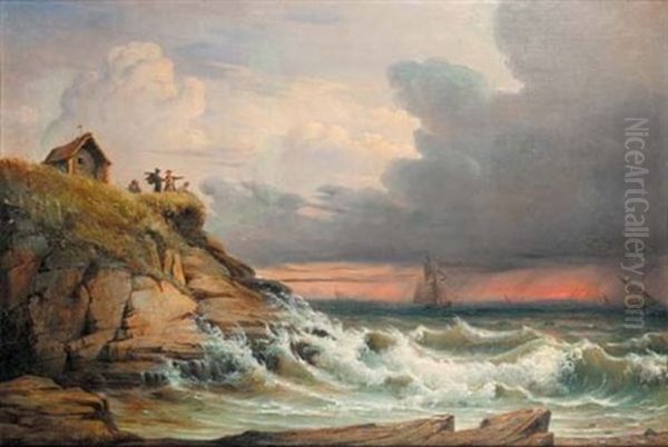 Personnages Observant La Mer Par Temps De Houle Oil Painting by Henry Schouten