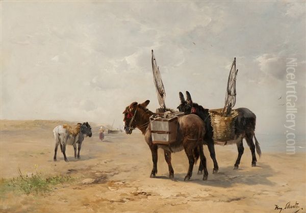 Donkeys Waiting For The Shrimp Fishers Oil Painting by Henry Schouten