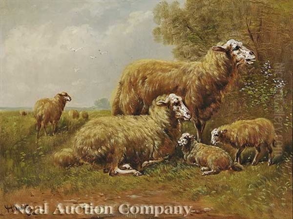 Sheep (+ Chicken And Roosters; 2 Works) Oil Painting by Henry Schouten