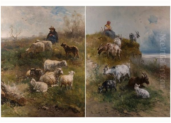 Schafer Mit Schaferhund (+ Schafen Und Schaferin Mit Ziegen In Landschaft; Pair) Oil Painting by Henry Schouten