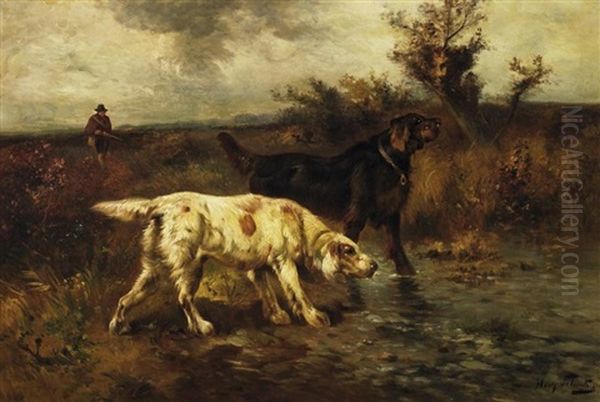 Jagdhunde In Weiter Herbstlandschaft. Im Hintergrund Der Herannahende Jager Oil Painting by Henry Schouten