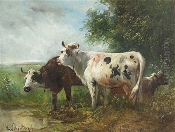 Drei Gefleckte Rinder Bei Der Tranke Oil Painting by Henry Schouten