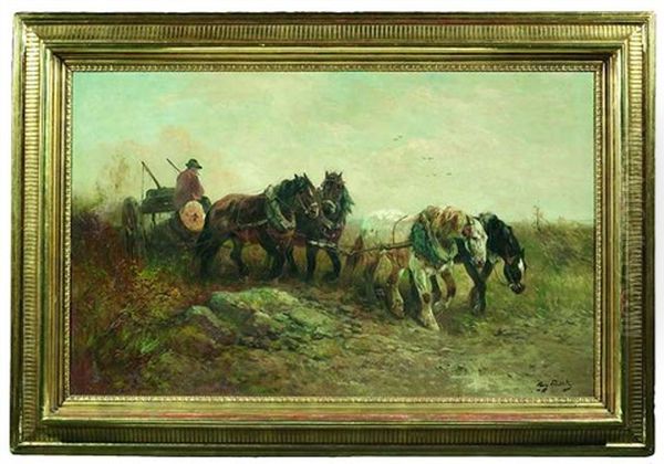 Vierspanniges Pferdefuhrwerk In Herbstlicher Landschaft Oil Painting by Henry Schouten