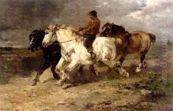 Boy With Galloping Horses On The Beach Oil Painting by Henry Schouten