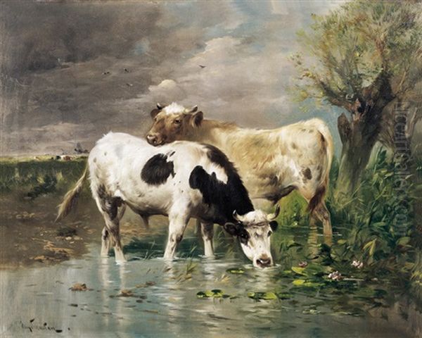 Landschap Met Koeien Aan De Waterkant Oil Painting by Henry Schouten