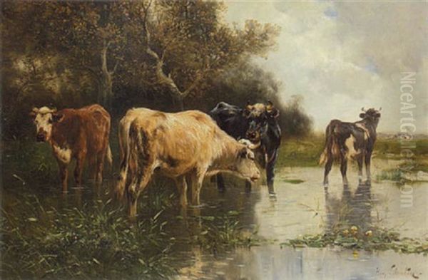 Kuhe An Der Tranke Oil Painting by Henry Schouten