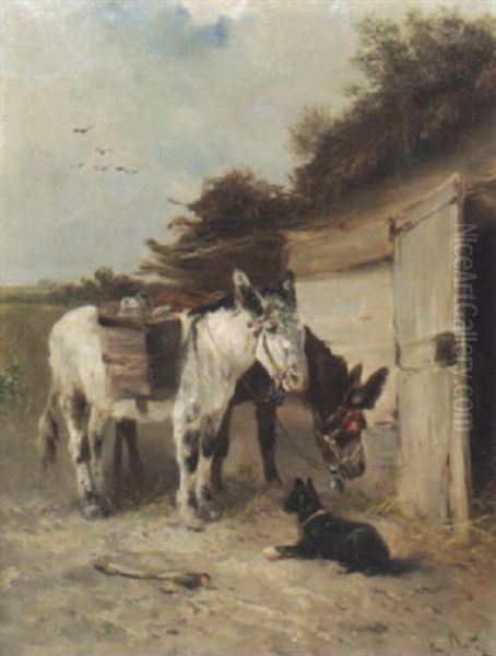 Zwei Rastende Maulesel Mit Kleinem Hund Oil Painting by Henry Schouten