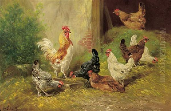 A Cockerel And Chickens In A Farmyard by Henry Schouten