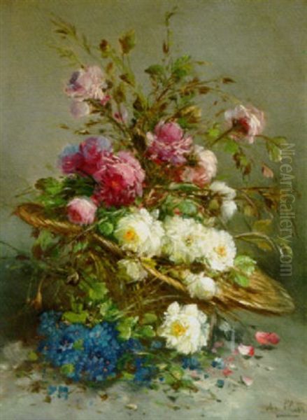 Still Life With Flowers In A Wicker Basket Oil Painting by Henry Schouten