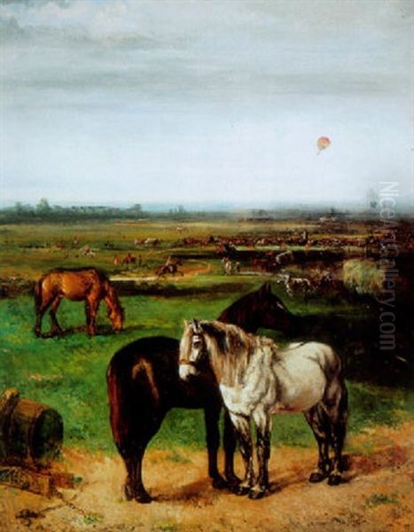 A Horse Fair In An Open Landscape With A Balloon Above Oil Painting by Henry Schouten