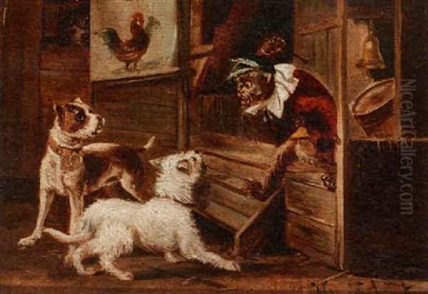 Interior With A Monkey Chasing Dogs Oil Painting by Henry Schouten