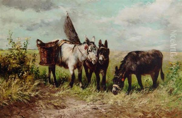 Three Donkeys In An Extensive Landscape Oil Painting by Henry Schouten