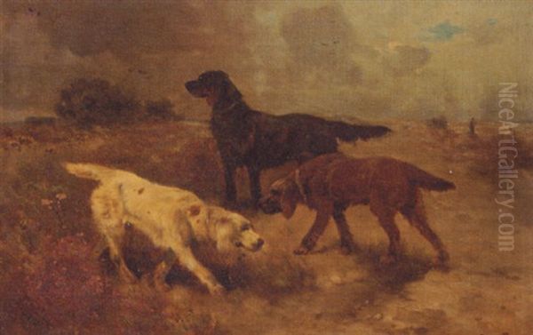 Irish Setters In A Heath Landscape, Sportsmen In Background Oil Painting by Henry Schouten