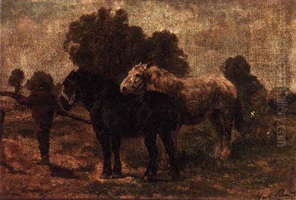 A Farmer With Two Horses In A Field Oil Painting by Henry Schouten