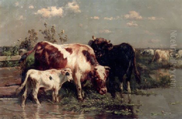 Cattle Drinking Oil Painting by Henry Schouten