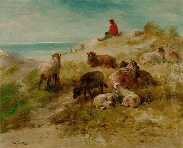 A Shepherd And Flock Resting In The Dunes Oil Painting by Henry Schouten