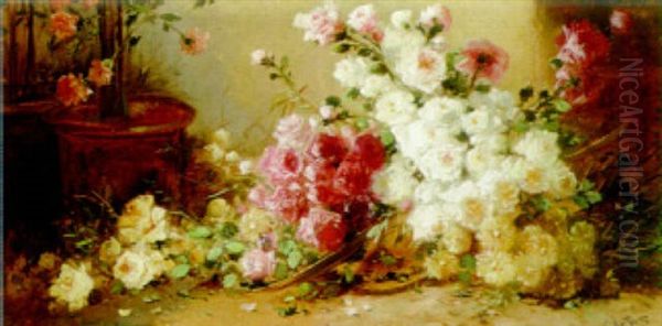 Roses Tumbling From A Basket On The Garden Floor Oil Painting by Henry Schouten