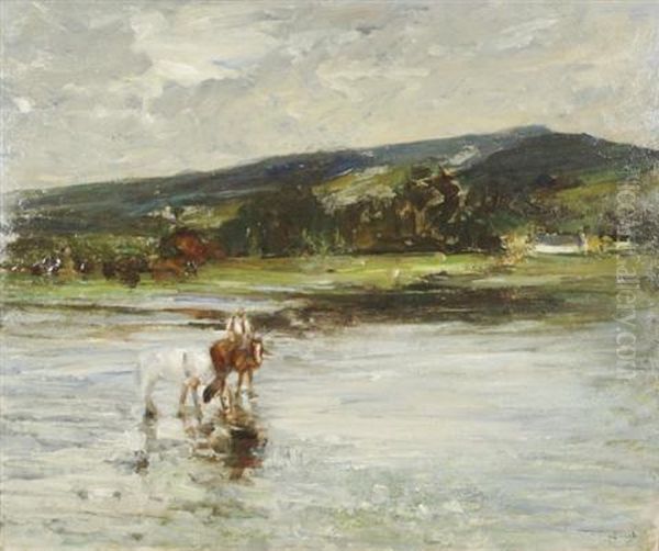 Figures In Landscape With River Oil Painting by John Dirk Bowie