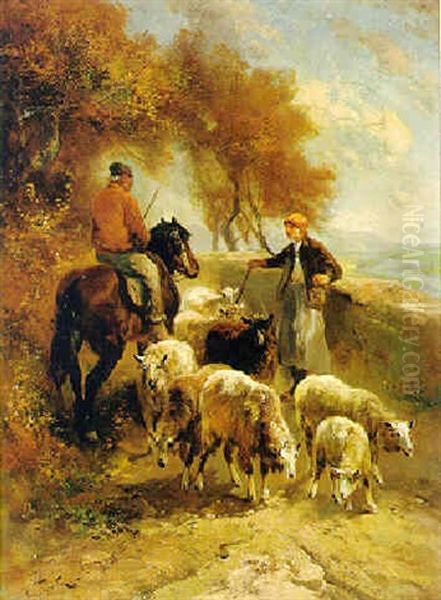 Schaferin Mit Herde Im Gesprach Mit Einem Reiter Oil Painting by Henry Schouten