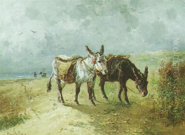 Donkeys Near The Beach Oil Painting by Henry Schouten