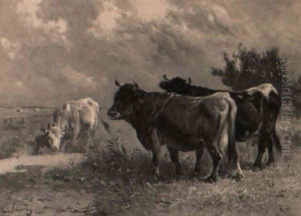 A Bull And Cows In A Meadow Oil Painting by Henry Schouten