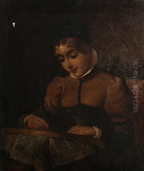 Portrait Of A Girl At Her Needlework Oil Painting by Jane Maria Bowkett