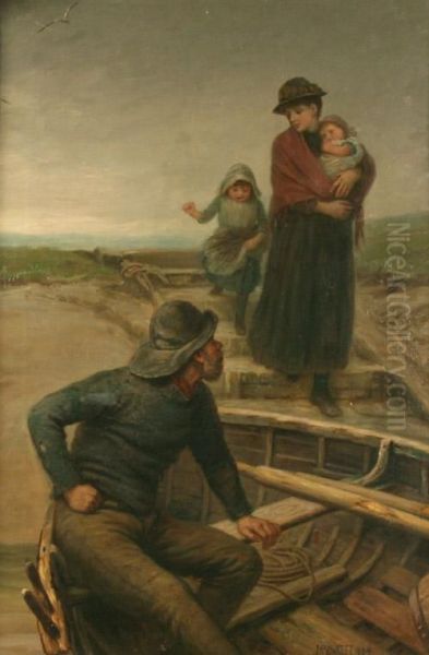 Coastal Landscape With A Woman And Two Children Stepping Onto A Boat With A Ferryman Oil Painting by Jane Maria Bowkett