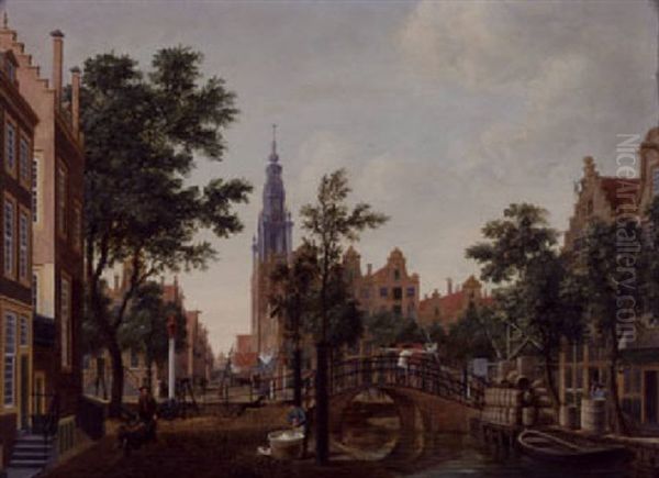 View Of The Groeburgwal, Amsterdam, With The Zuiderkerk In The Distance Oil Painting by Hermanus Peter Schouten