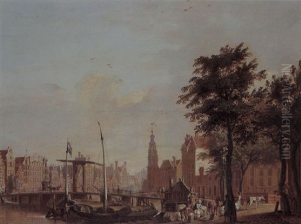 A View Fo The Amstel River Near The Muntorren, Amsterdam Oil Painting by Hermanus Peter Schouten