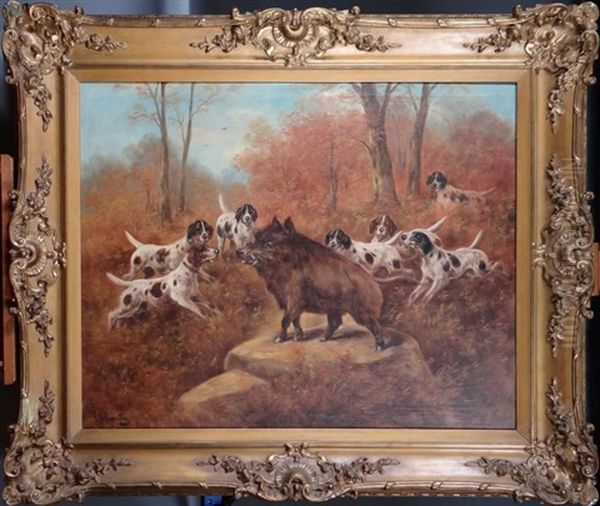 Wild Boar And Hunting Dogs Oil Painting by Paul Schouten