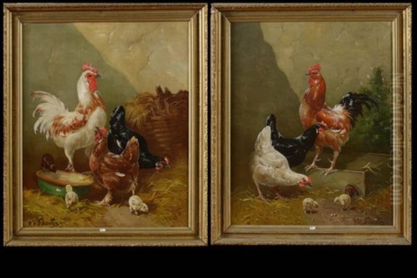 Coq, Poules Et Poussins (2 Works) Oil Painting by Paul Schouten