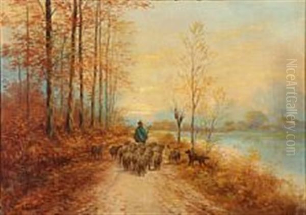 Autumn View With A Shepherd And Sheep In A Forest Oil Painting by Paul Schouten