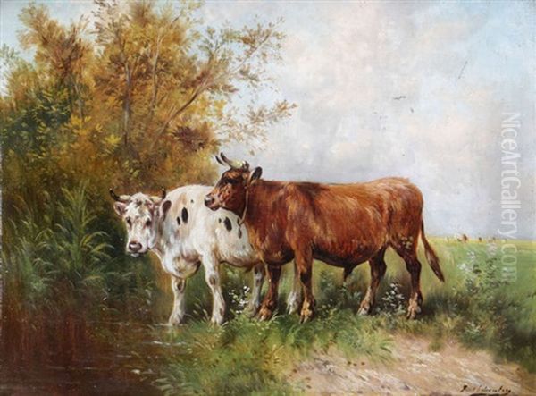 Vaches Au Pre Au Bord De L'eau Oil Painting by Paul Schouten