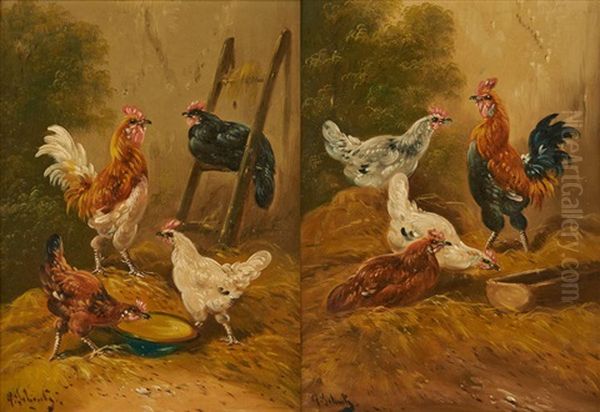 Coq Et Poules (2 Works) Oil Painting by Paul Schouten