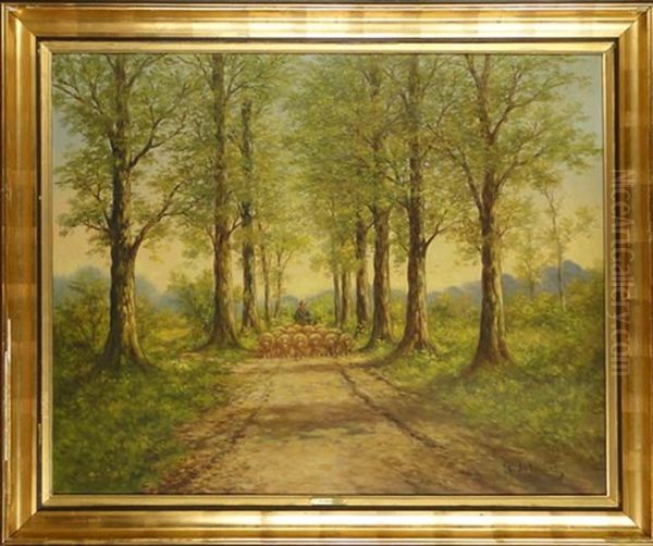 Berger Et Son Troupeau Dans Une Allee Boisee Oil Painting by Paul Schouten