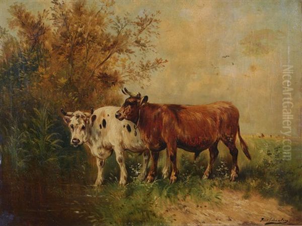 Deux Boeufs Au Pre Oil Painting by Paul Schouten