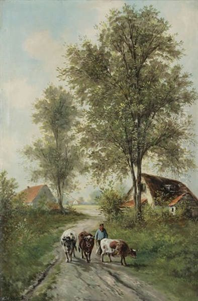 Berger Aux Vaches Pres D'un Village Oil Painting by Paul Schouten