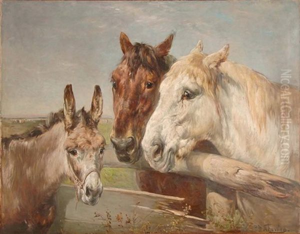 Chevaux Et Ane A La Barriere Oil Painting by Paul Schouten