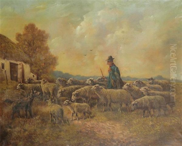 Shepherd With Flock Oil Painting by Paul Schouten