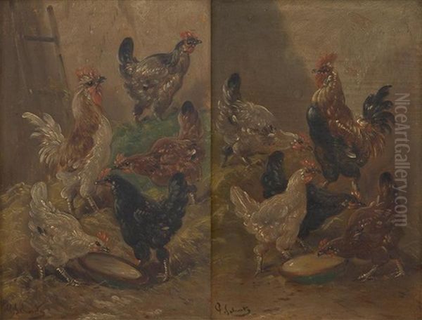 Poules Au Poulailler (+another; 2 Works) Oil Painting by Paul Schouten