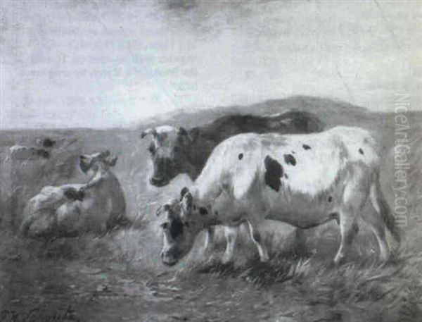 Cows Grazing In A Landscape Oil Painting by Paul Schouten