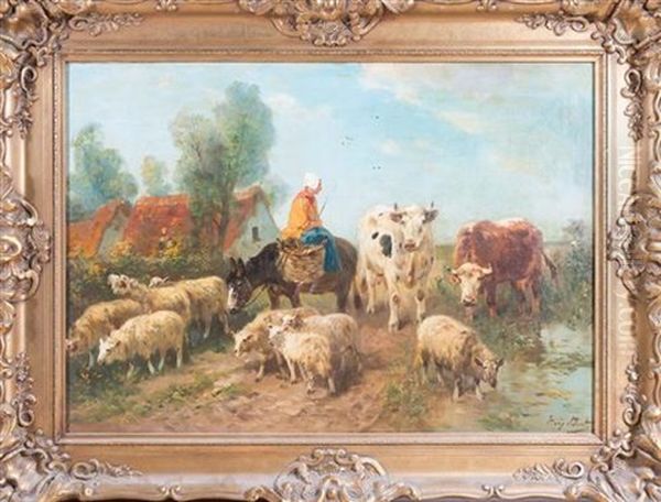 Cattle And Sheep In A Farmyard Oil Painting by Henry Schouten