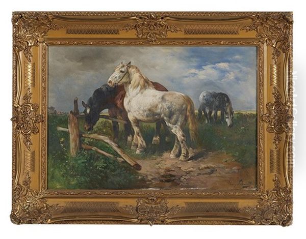 Horses In A Field Oil Painting by Henry Schouten